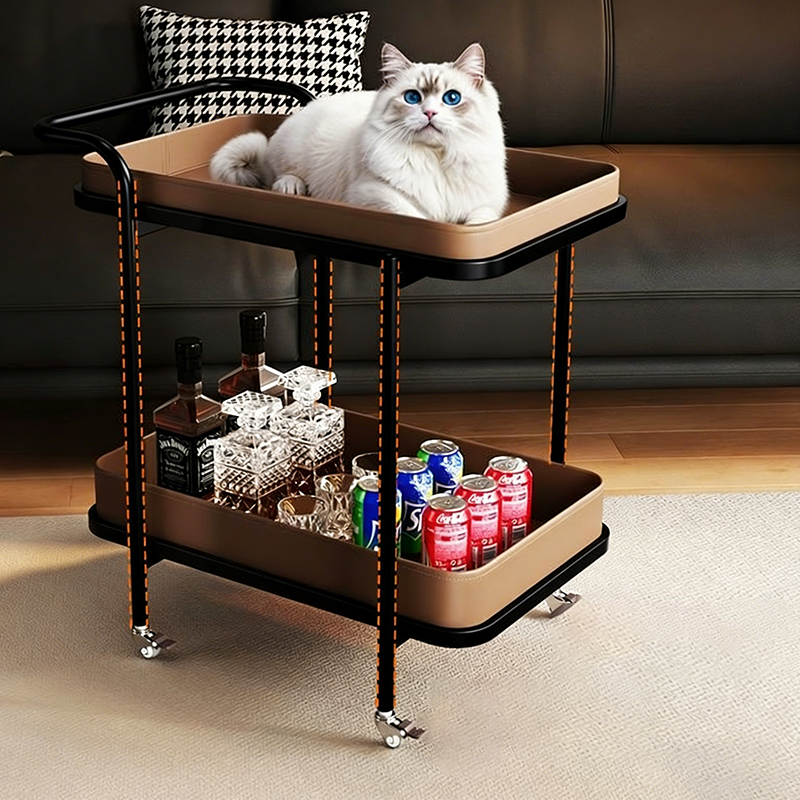 Contemporary Scandinavian Saddle Leather Carbon Steel Movable Cylindrical Rectangular Side Table With 2-Tier For Living Room