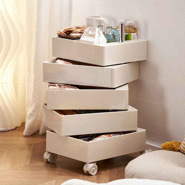 Contemporary Nordic Square ABS Rotating Drawer End Table 5-Tier Casters For Bedroom