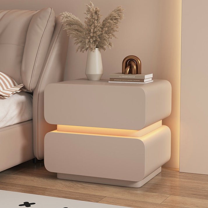 Contemporary Scandinavian Cream Sensor Light Square Wood Microfiber Leather Nightstand 2-Drawer For Bedroom