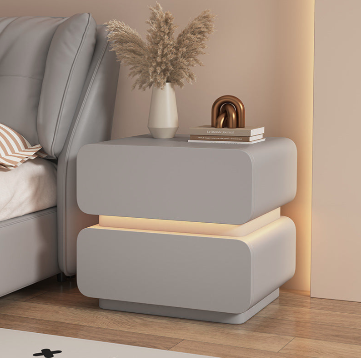 Contemporary Scandinavian Cream Sensor Light Square Wood Microfiber Leather Nightstand 2-Drawer For Bedroom