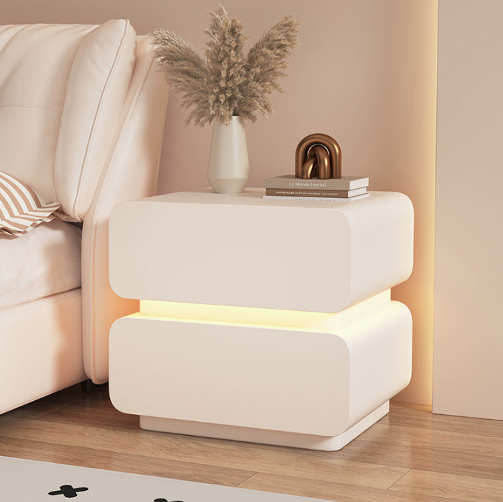 Contemporary Scandinavian Cream Sensor Light Square Wood Microfiber Leather Nightstand 2-Drawer For Bedroom