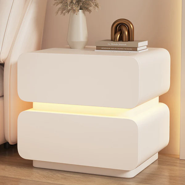 Contemporary Scandinavian Cream Sensor Light Square Wood Microfiber Leather Nightstand 2-Drawer For Bedroom