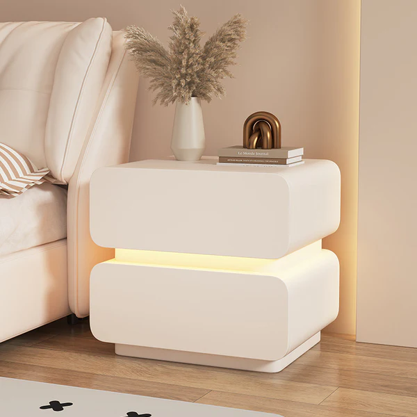 Contemporary Scandinavian Cream Sensor Light Square Wood Microfiber Leather Nightstand 2-Drawer For Bedroom
