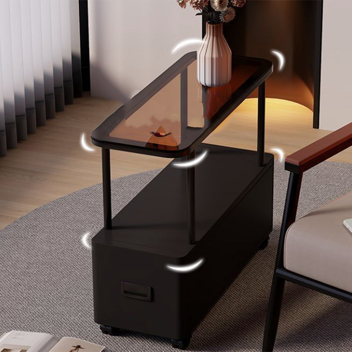 Modern Minimalist Ultra-Narrow Rectangular Tempered Glass Metal Particle Board Movable End Table 1-Drawer For Bedroom