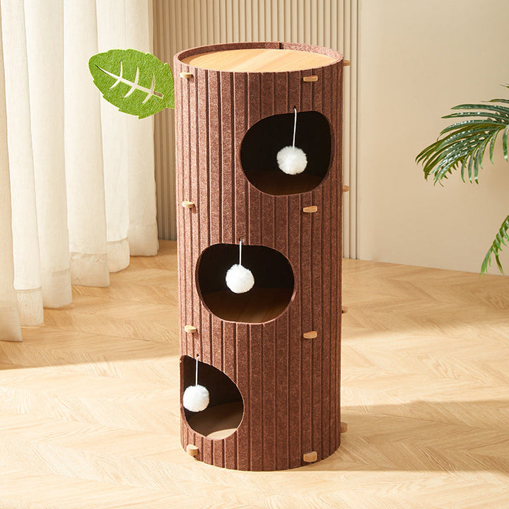 Traditional Rustic Cylindrical Tree Hole Felt Sherpa Fleece &amp; MDF Cat Tower 2/3-Hole For Living Room