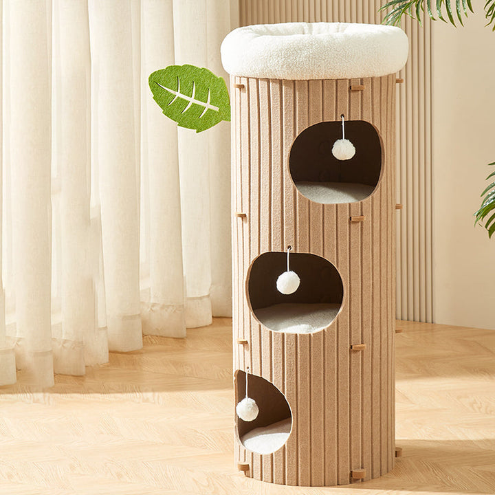 Traditional Rustic Cylindrical Tree Hole Felt Sherpa Fleece &amp; MDF Cat Tower 2/3-Hole For Living Room