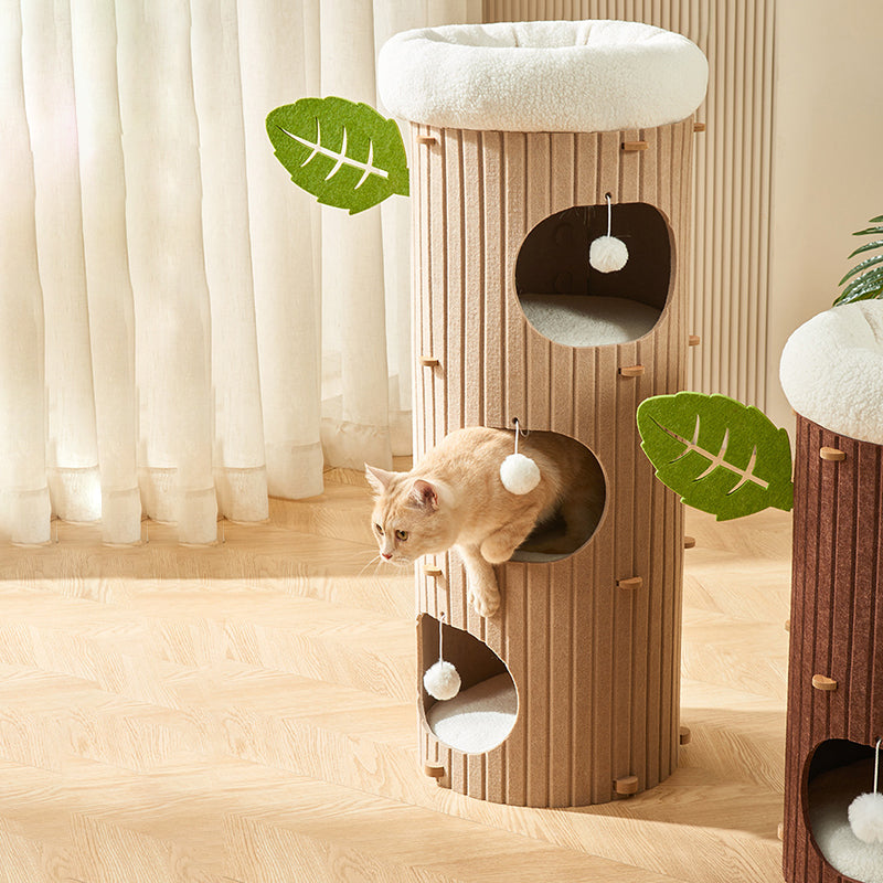 Traditional Rustic Cylindrical Tree Hole Felt Sherpa Fleece &amp; MDF Cat Tower 2/3-Hole For Living Room