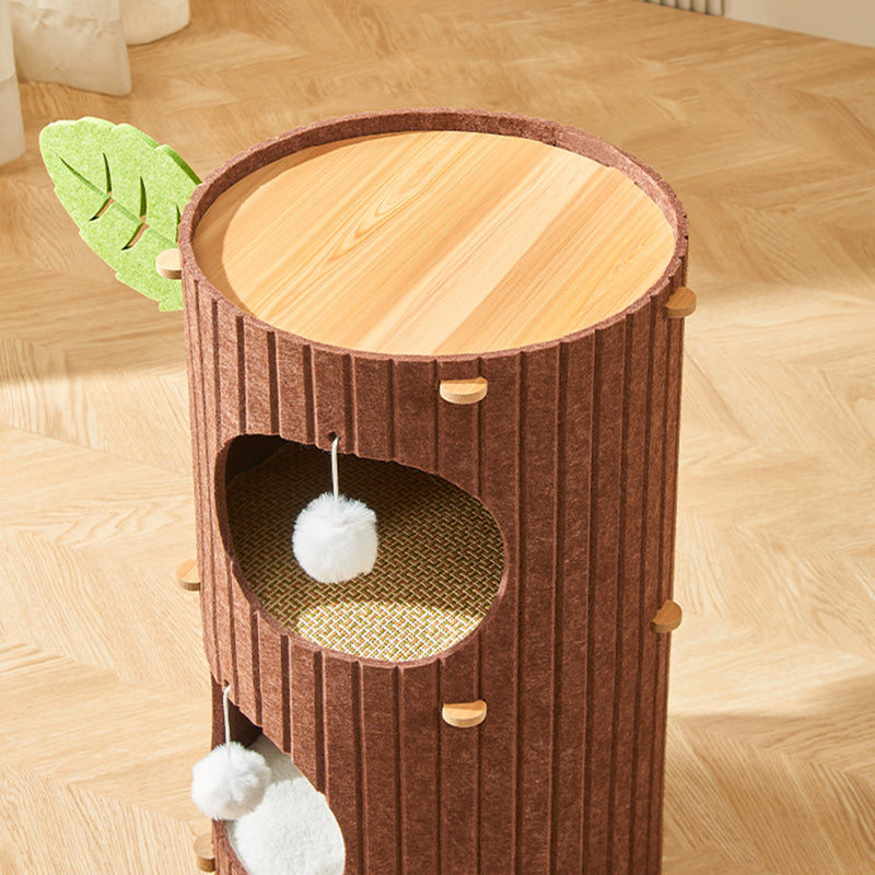 Traditional Rustic Cylindrical Tree Hole Felt Sherpa Fleece &amp; MDF Cat Tower 2/3-Hole For Living Room