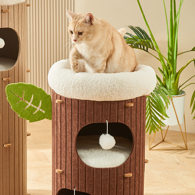 Traditional Rustic Cylindrical Tree Hole Felt Sherpa Fleece &amp; MDF Cat Tower 2/3-Hole For Living Room