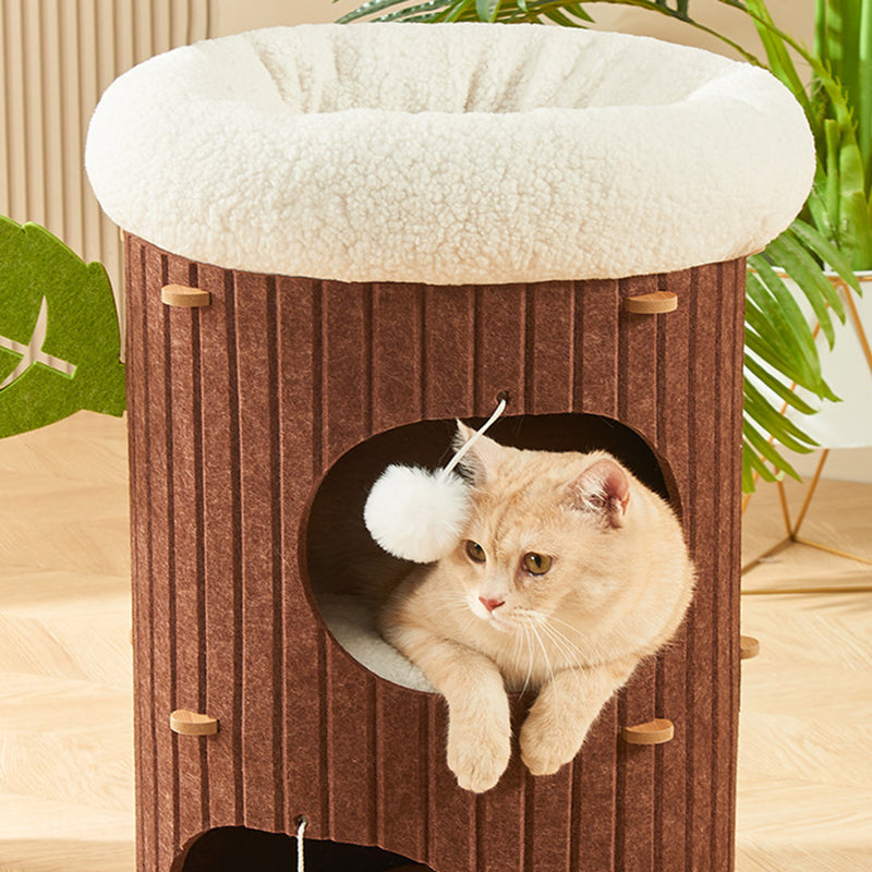 Traditional Rustic Cylindrical Tree Hole Felt Sherpa Fleece &amp; MDF Cat Tower 2/3-Hole For Living Room