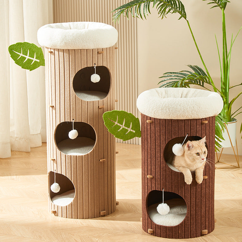 Traditional Rustic Cylindrical Tree Hole Felt Sherpa Fleece &amp; MDF Cat Tower 2/3-Hole For Living Room