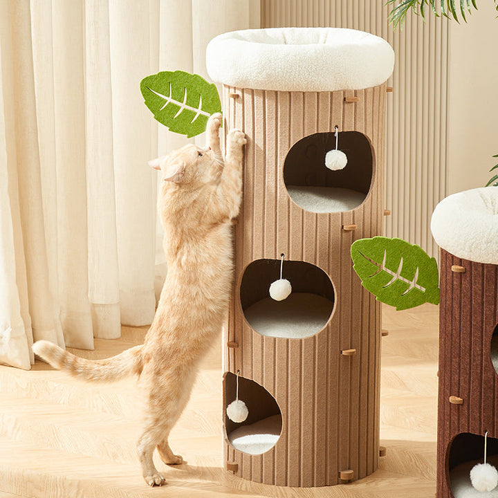 Traditional Rustic Cylindrical Tree Hole Felt Sherpa Fleece &amp; MDF Cat Tower 2/3-Hole For Living Room