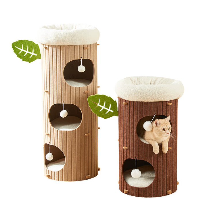 Traditional Rustic Cylindrical Tree Hole Felt Sherpa Fleece &amp; MDF Cat Tower 2/3-Hole For Living Room