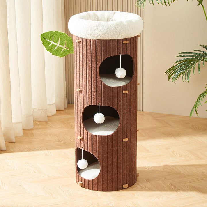 Traditional Rustic Cylindrical Tree Hole Felt Sherpa Fleece &amp; MDF Cat Tower 2/3-Hole For Living Room