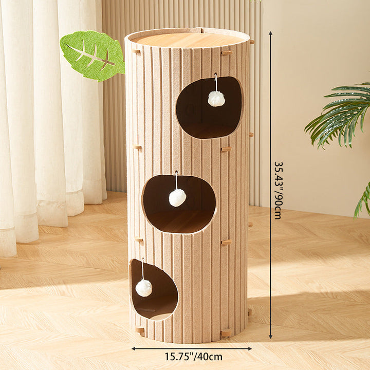 Traditional Rustic Cylindrical Tree Hole Felt Sherpa Fleece &amp; MDF Cat Tower 2/3-Hole For Living Room