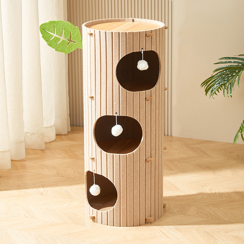 Traditional Rustic Cylindrical Tree Hole Felt Sherpa Fleece &amp; MDF Cat Tower 2/3-Hole For Living Room