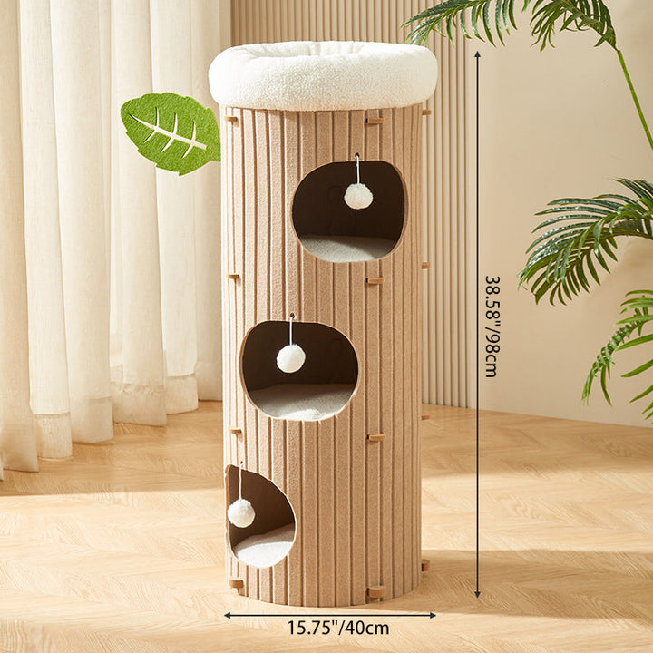 Traditional Rustic Cylindrical Tree Hole Felt Sherpa Fleece &amp; MDF Cat Tower 2/3-Hole For Living Room
