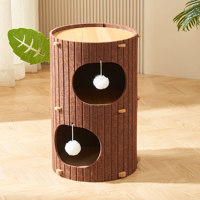 Traditional Rustic Cylindrical Tree Hole Felt Sherpa Fleece &amp; MDF Cat Tower 2/3-Hole For Living Room