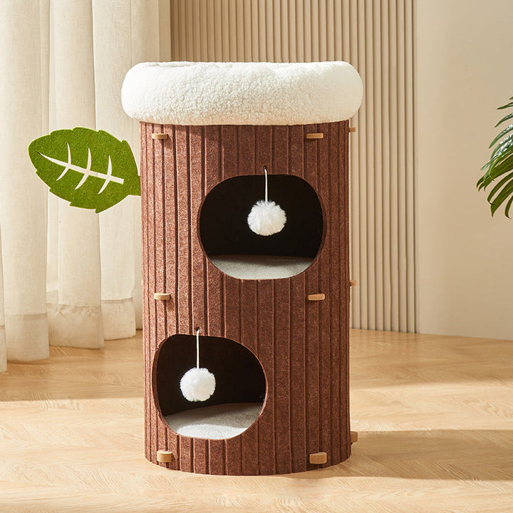 Traditional Rustic Cylindrical Tree Hole Felt Sherpa Fleece &amp; MDF Cat Tower 2/3-Hole For Living Room