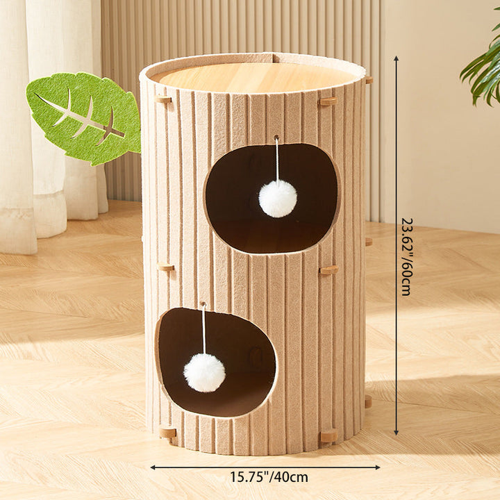 Traditional Rustic Cylindrical Tree Hole Felt Sherpa Fleece &amp; MDF Cat Tower 2/3-Hole For Living Room
