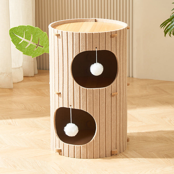 Traditional Rustic Cylindrical Tree Hole Felt Sherpa Fleece &amp; MDF Cat Tower 2/3-Hole For Living Room