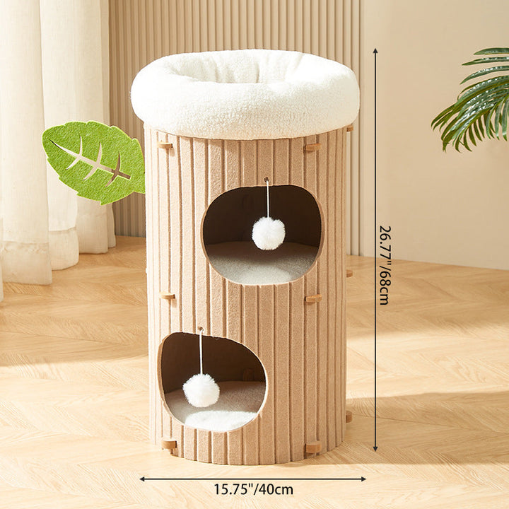 Traditional Rustic Cylindrical Tree Hole Felt Sherpa Fleece &amp; MDF Cat Tower 2/3-Hole For Living Room
