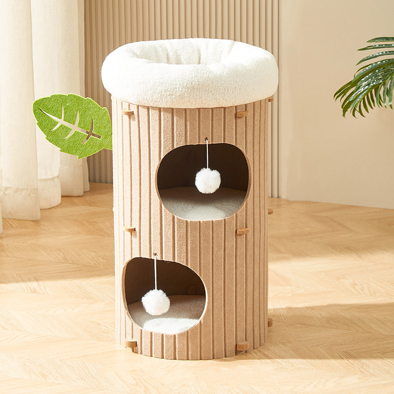 Traditional Rustic Cylindrical Tree Hole Felt Sherpa Fleece &amp; MDF Cat Tower 2/3-Hole For Living Room