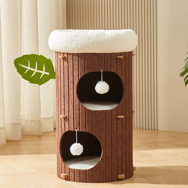 Traditional Rustic Cylindrical Tree Hole Felt Sherpa Fleece &amp; MDF Cat Tower 2/3-Hole For Living Room