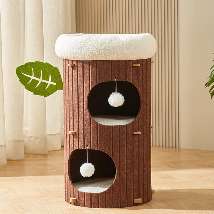 Traditional Rustic Cylindrical Tree Hole Felt Sherpa Fleece &amp; MDF Cat Tower 2/3-Hole For Living Room
