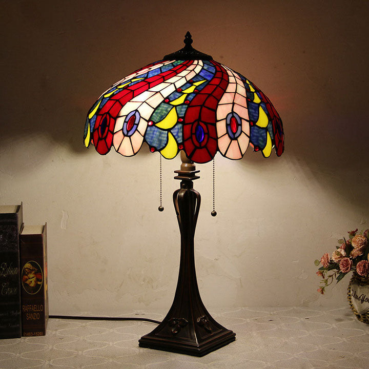 Traditional Tiffany Glass Stained Glass Cone Pull Cord 2-Light Table Lamp for Bedroom