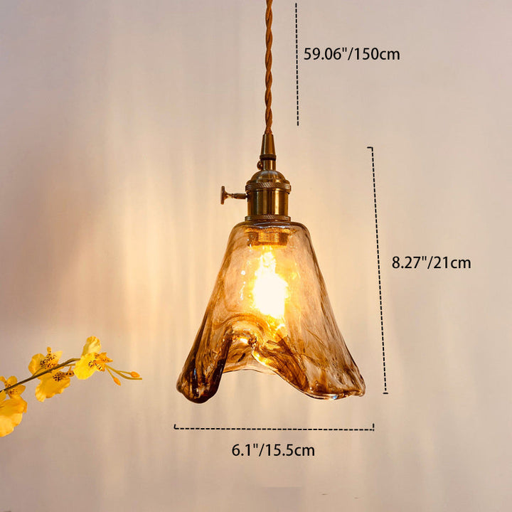 Traditional Vintage Amber Square Glass Brass 1-Light Pendant Light For Living Room