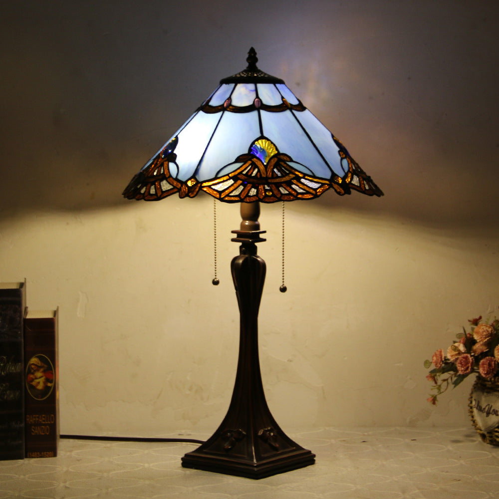 Traditional Tiffany Glass Stained Glass Cone Pull Cord 2-Light Table Lamp for Bedroom
