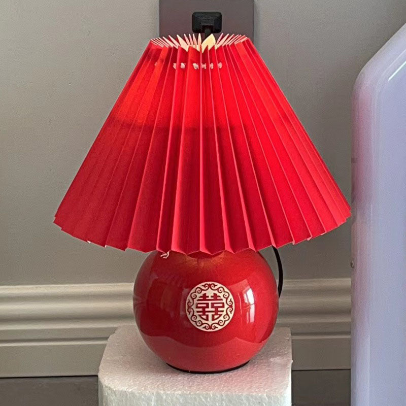 Traditional Chinese Red Pleated Fabric Lampshade Ceramic Base 1-Light Table Lamp For Bedroom