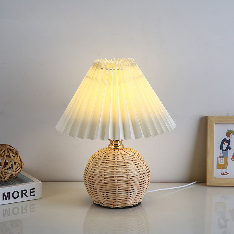 Contemporary Nordic Table Lamp in Rattan &amp; Fabric — Bedroom Lighting | Havora