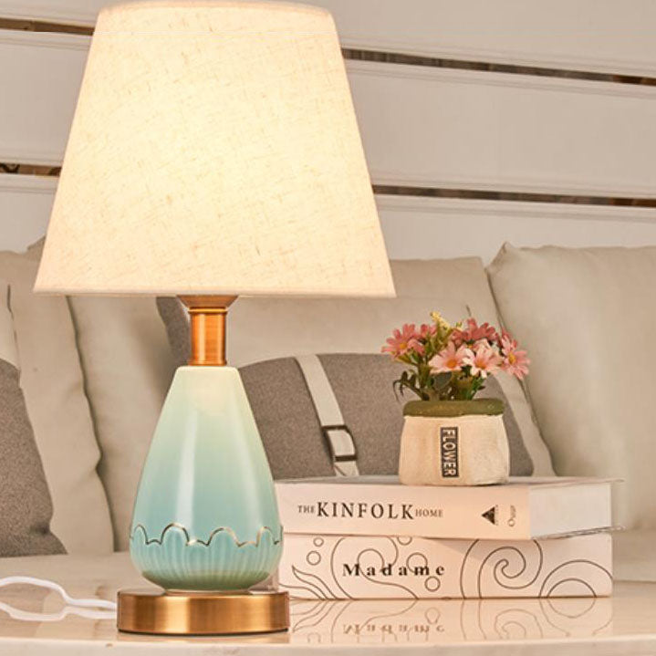 Traditional Chinese Cone Fabric Hardware Ceramic Base 1-Light Table Lamp For Living Room &amp; Bedroom