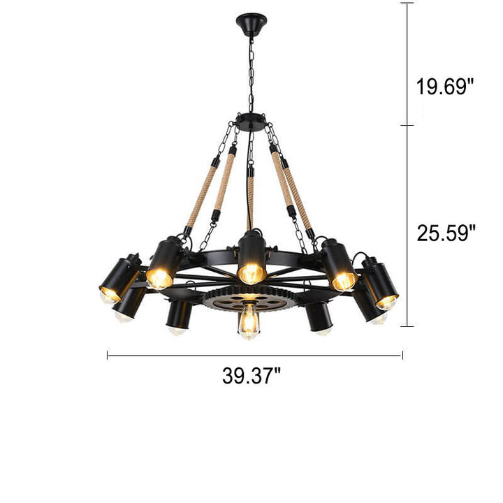 Industrial Retro Gear Wrought Ion Hemp Rope 6/8/10-Light Chandelier