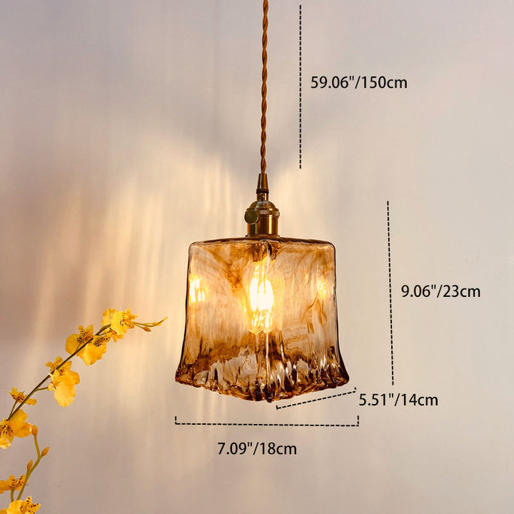 Traditional Vintage Amber Square Glass Brass 1-Light Pendant Light For Living Room