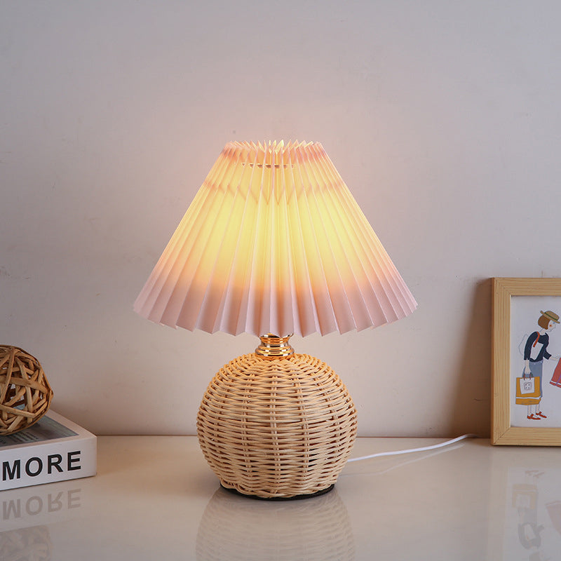 Contemporary Nordic Table Lamp in Rattan &amp; Fabric — Bedroom Lighting | Havora
