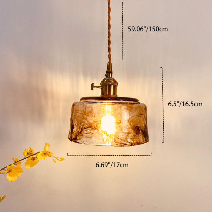 Traditional Vintage Amber Square Glass Brass 1-Light Pendant Light For Living Room