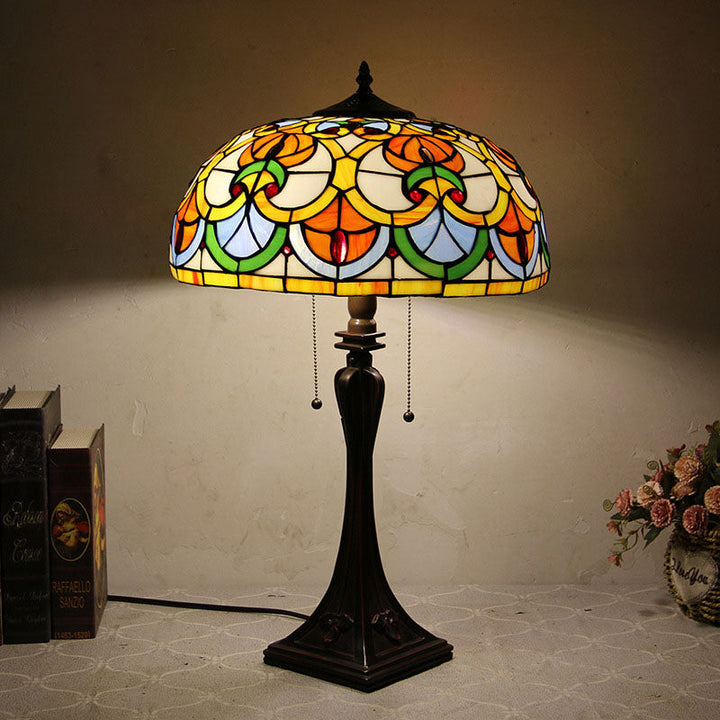 Traditional Tiffany Glass Stained Glass Cone Pull Cord 2-Light Table Lamp for Bedroom