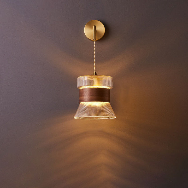 Traditional Japanese Walnut Glass  Copper Cylinder 1-Light Wall Sconce Lamp