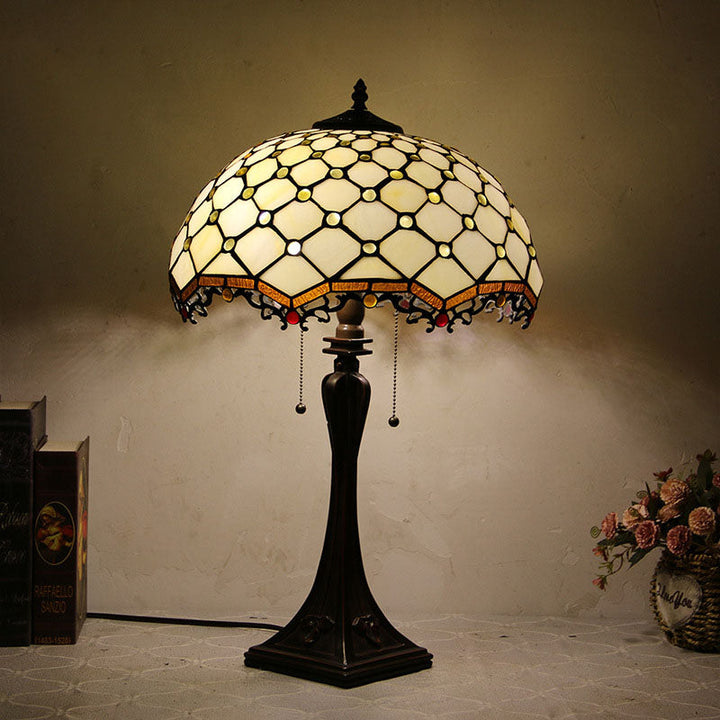 Traditional Tiffany Glass Stained Glass Cone Pull Cord 2-Light Table Lamp for Bedroom