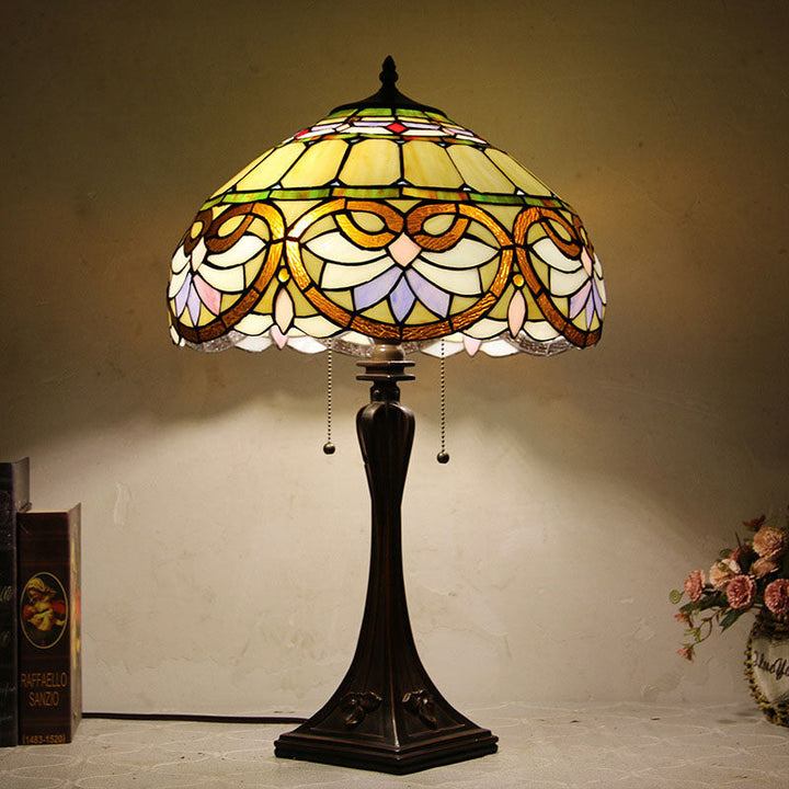 Traditional Tiffany Glass Stained Glass Cone Pull Cord 2-Light Table Lamp for Bedroom
