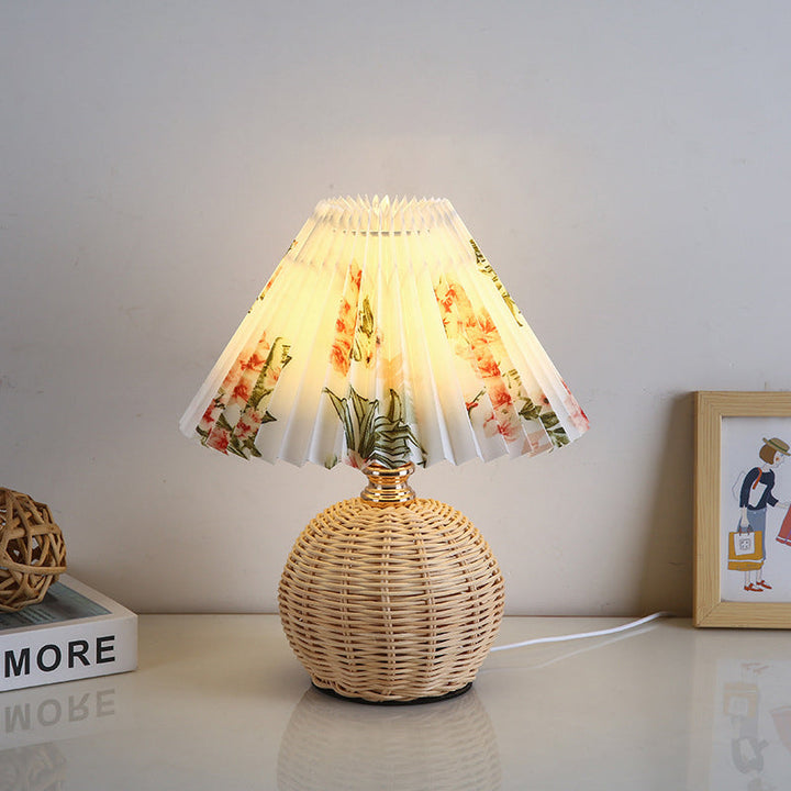 Contemporary Nordic Table Lamp in Rattan &amp; Fabric — Bedroom Lighting | Havora