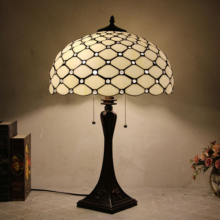 Traditional Tiffany Glass Stained Glass Cone Pull Cord 2-Light Table Lamp for Bedroom