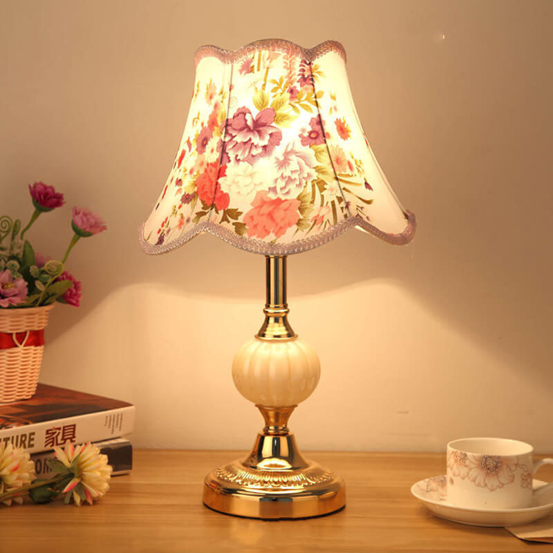Nordic Vintage Floral Table Lamp in Glass, Iron &amp; Fabric — Bedroom Lighting | Havora