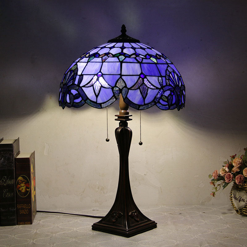 Traditional Tiffany Glass Stained Glass Cone Pull Cord 2-Light Table Lamp for Bedroom