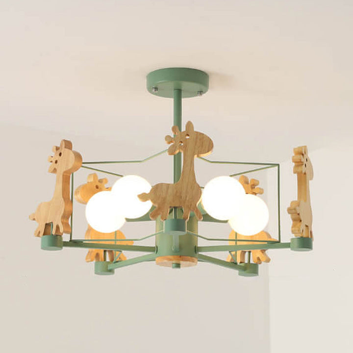 Scandinavian Modern Childlike Giraffe Diamond Pentagram Windmill Iron Wood Glass 4/5 Light Semi-Flush Mount Ceiling Light