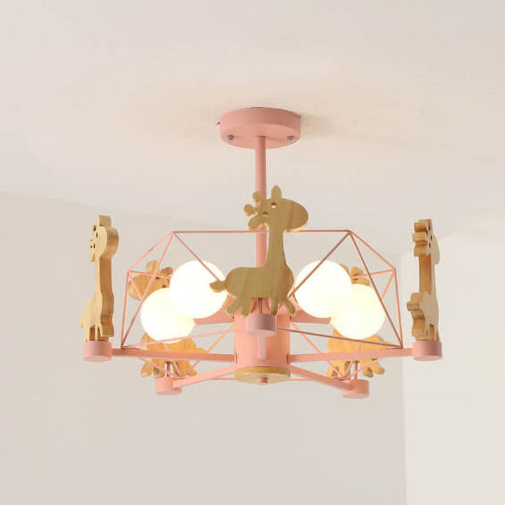 Scandinavian Modern Childlike Giraffe Diamond Pentagram Windmill Iron Wood Glass 4/5 Light Semi-Flush Mount Ceiling Light