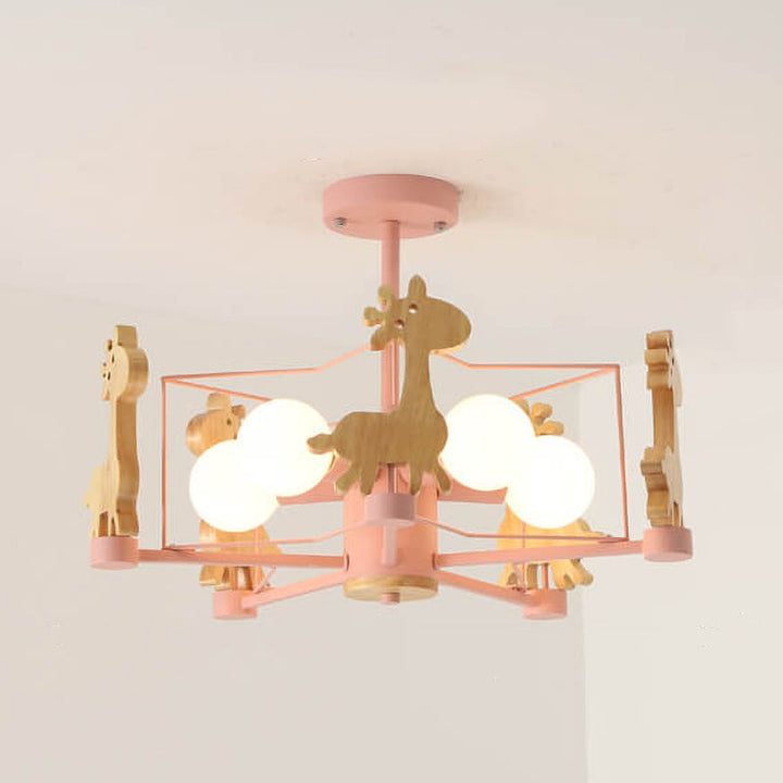 Scandinavian Modern Childlike Giraffe Diamond Pentagram Windmill Iron Wood Glass 4/5 Light Semi-Flush Mount Ceiling Light